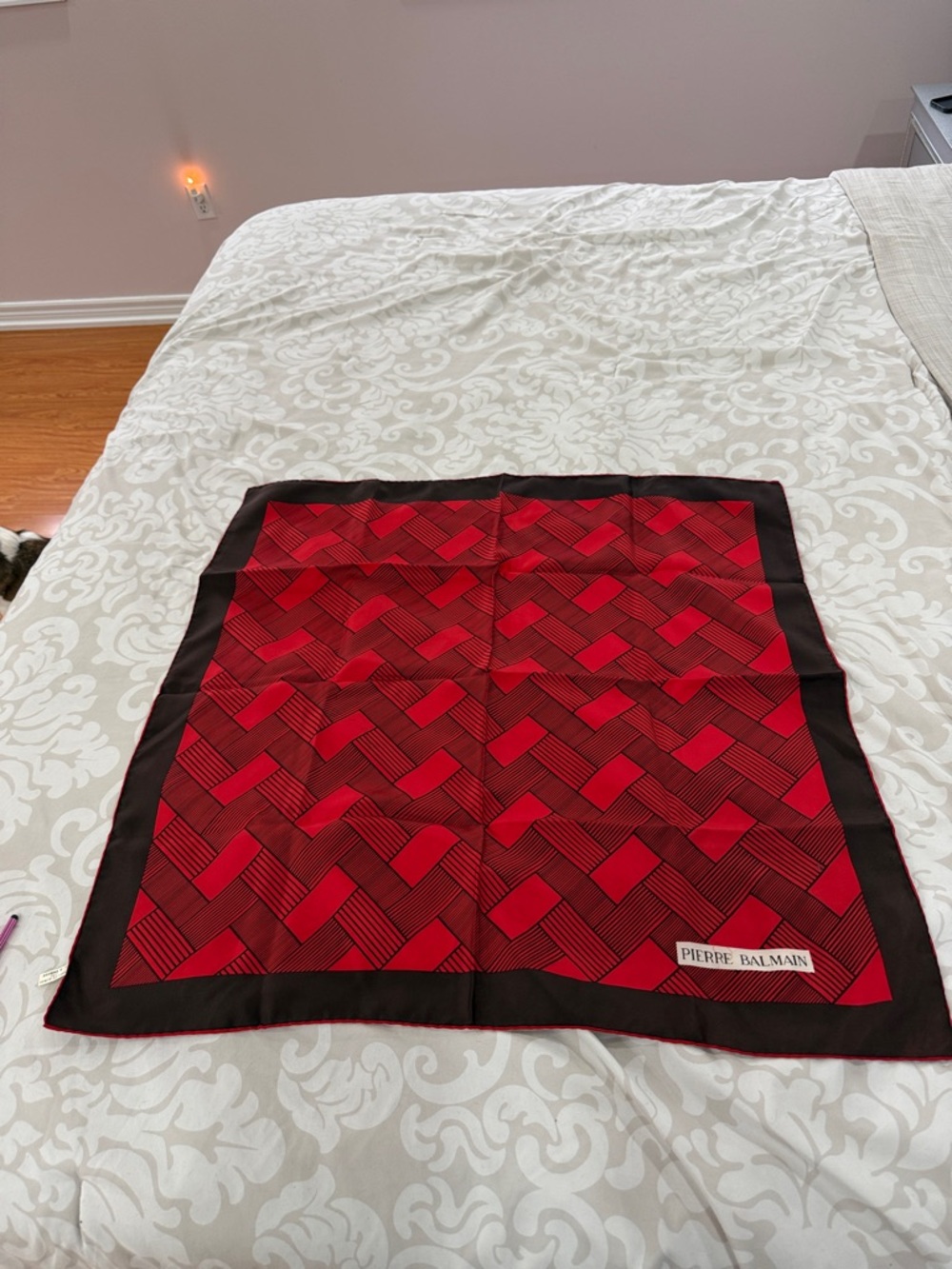 Pierre Balmain Red and Black Woven Geometric Silk Scarf